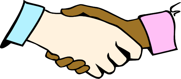 The image shows two hands shaking over a table with three buttons on it: blue, pink, and white.