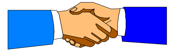 The image shows two hands shaking over a blue line with white gloves on them against a gray background.
