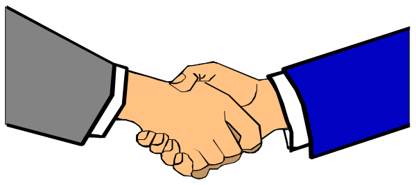 The image shows two hands shaking over a blue background with white borders on either side of them.