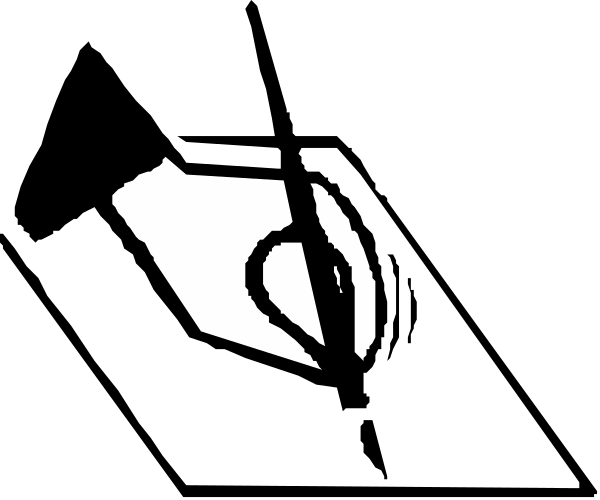 The black and white silhouette of a musical note with an instrument next to it on top right corner against dark background.