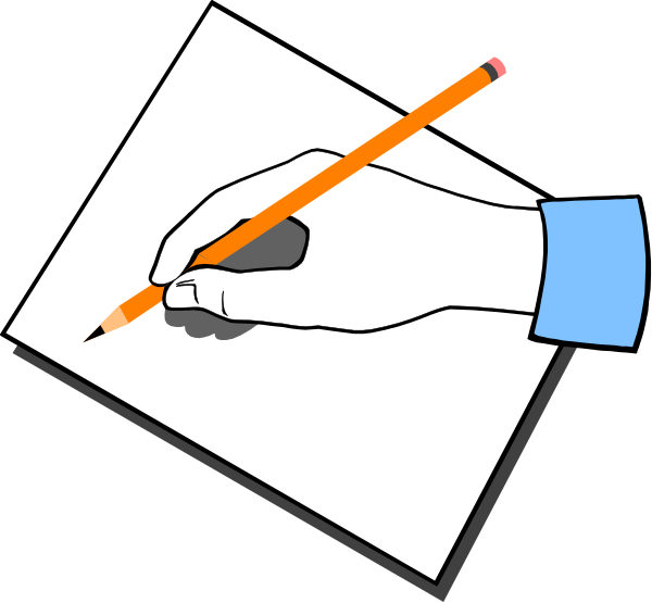 The illustration shows a hand holding an eraser over paper with writing on it while another piece of blank white paper is being written upon by pencil in front of them; there's also a clipboard to their left, and behind all this activity stands a person wearing blue jeans who appears to be sitting at the desk.