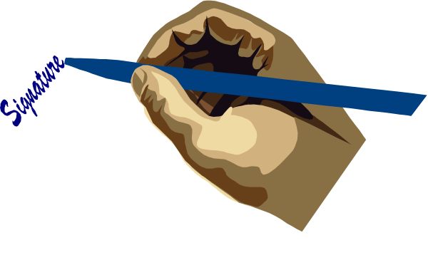 The image shows a hand holding an ink pen over paper with blue lines on it.