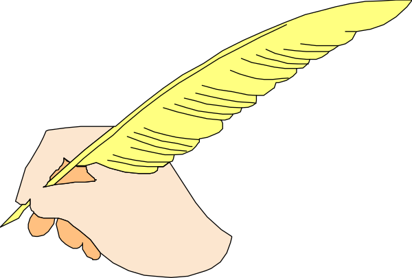 The image shows a hand holding an ink pen with its nib touching paper that has been signed by someone else's signature in black ink; there is no text present on this clip-art illustration.