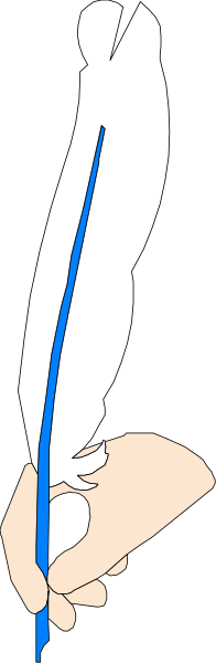 The image shows a pen with blue ink on paper next to an illustration of a hand holding it upside down.