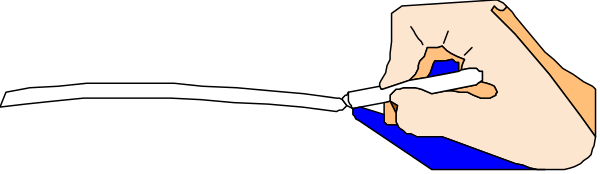 The image shows a closeup of someone's hand holding an object that appears to be made from paper clips with blue handles on top of what looks like a piece of fabric in shades of gray-blue, suggesting it might be clothing material such as denim or jeans.