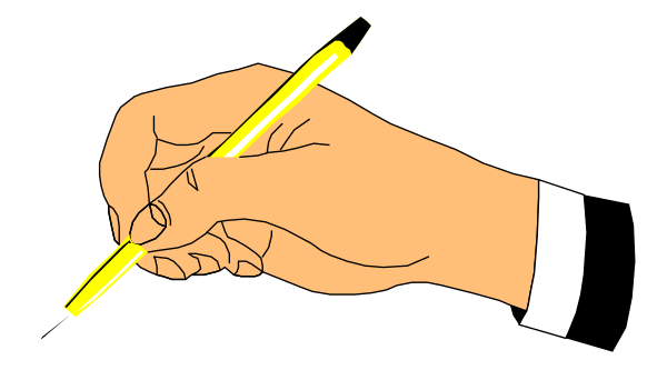 The black and white illustration shows a hand holding an ink pen with yellow tip over what appears to be paper; there is no text present in this image.