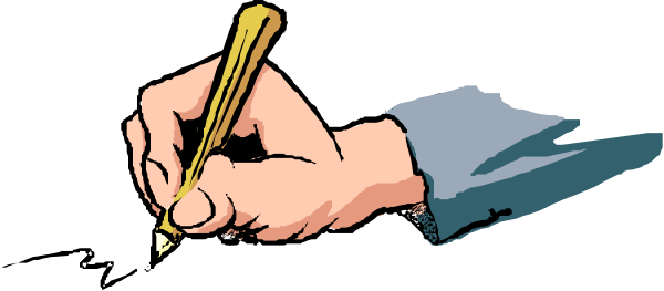 The image shows a hand holding an ink pen over paper with text that reads "I will be back."