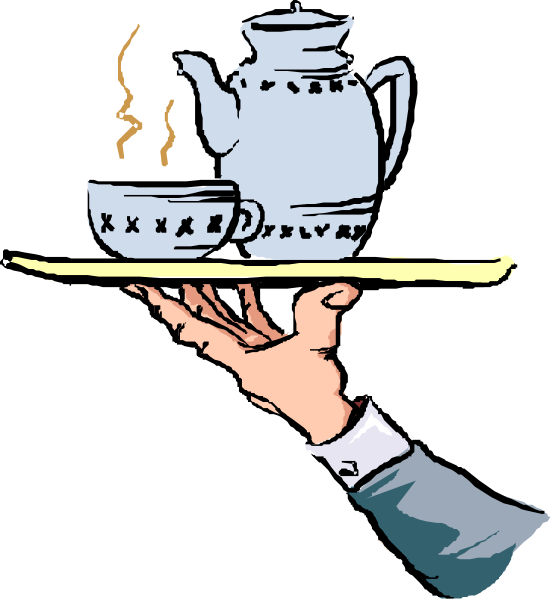 The illustration shows a hand holding an old-fashioned teapot on a tray with two cups of coffee beside it; there is no person visible in this image.