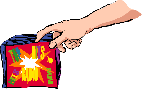 The image shows a hand holding two boxes with signs that say "Top Hits" on them against an unrelated background of what appears to be a person's arm in motion.