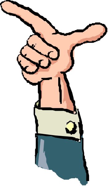 The image shows a cartoon of an animated hand pointing upwards with its index finger extended while another part of it is holding what appears to be a small booklet in front of itself against a dark background.