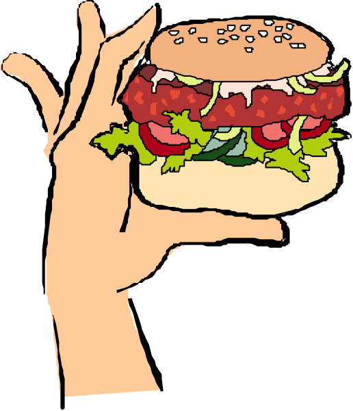 The illustration shows a hand holding up an open sandwich with various ingredients visible on it against a black background.