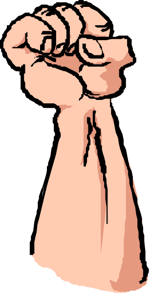 The image shows a black and white illustration of an arm with clenched fist inside what appears to be a sleeve cuff, symbolizing strength or power.