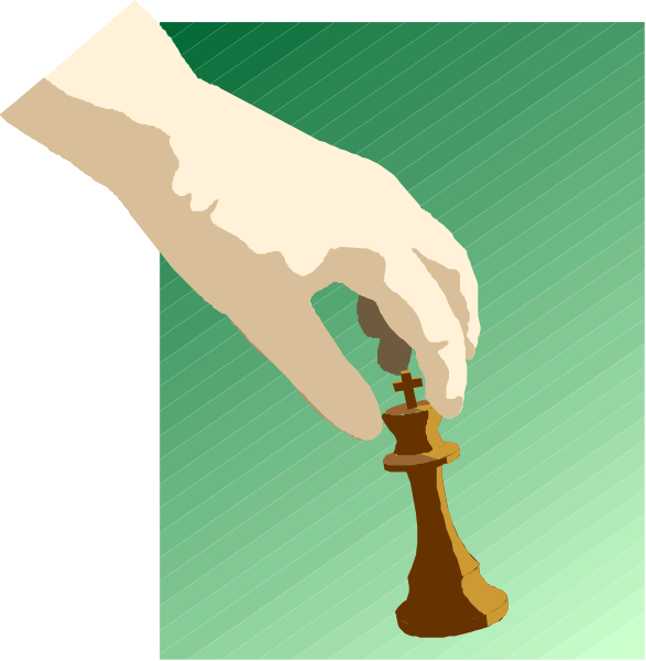 The image shows a hand holding a chess piece over another chess piece on what appears to be a green surface with an abstract background that has shades of blue-green gradient effect.
