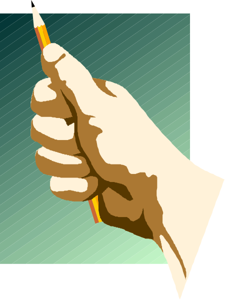 The image shows a hand holding a pencil over an eraser on what appears to be paper with lines of text beneath it against a blue background.