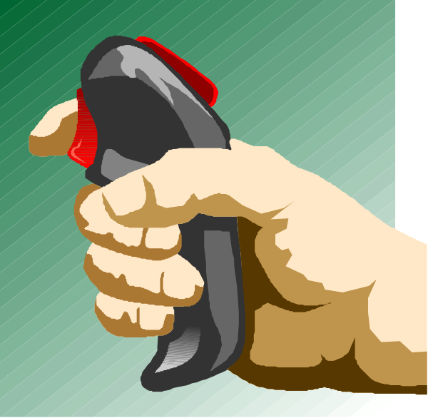 The image shows a hand holding an object that resembles a remote control with two buttons: red on top for power and green below it to change channels.