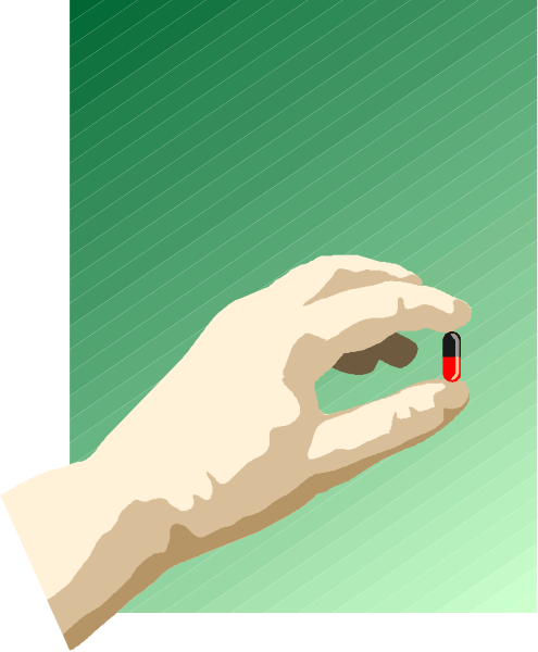 The illustration shows a hand holding an object that resembles a pill over what appears to be a green surface with white lines on it; there is no text present in this image.