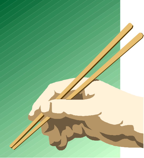 The image shows a pair of chopsticks with food on them held by an unseen hand against a green background; there is no text present in this clip-art illustration.