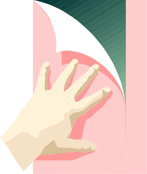 The image shows a hand reaching out towards an umbrella with pink interior lining on its side against a dark background.