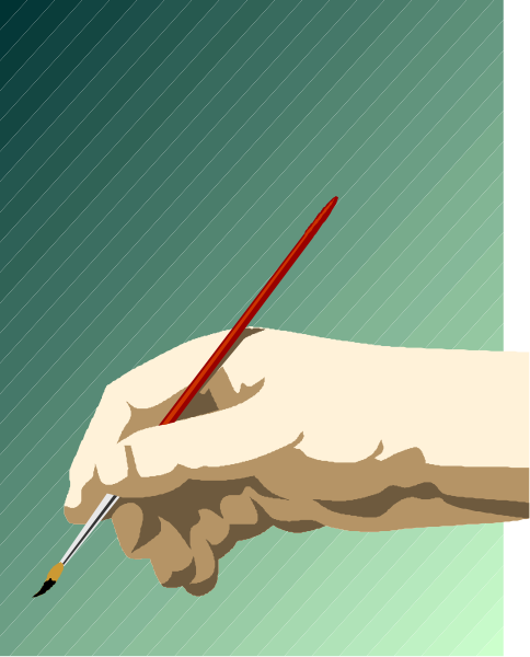 The image shows a hand holding a pencil over paper with an illustration of someone writing on it.