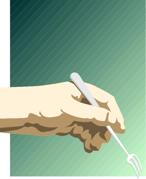 The image shows a hand holding an ink pen over paper with text that reads "Fork," indicating it is related to food service; there's also another piece of paper in front labeled "Pen."