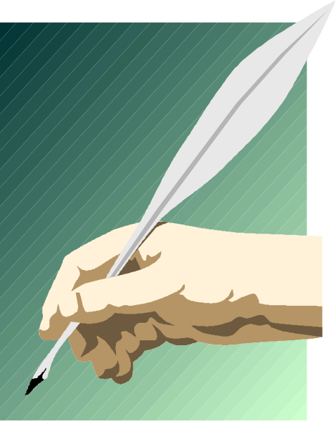 The image shows a hand holding an arrow with feathered tip pointing upwards next to a quill pen on paper in front of it against a green background.