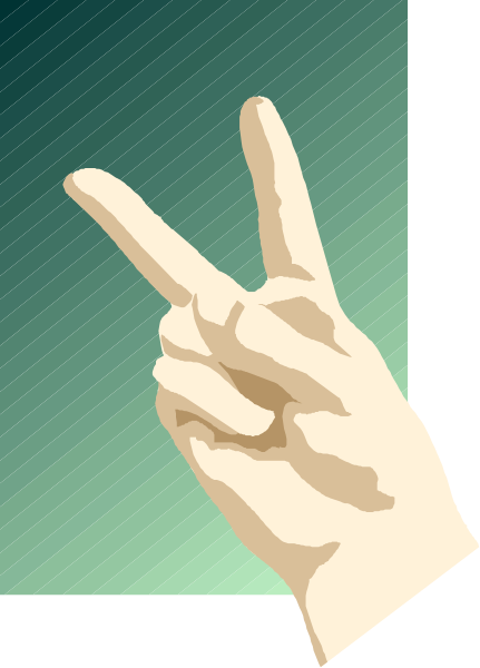 The image shows a hand holding up two fingers with peace signs on each finger against a green background inside what appears to be an open window frame.