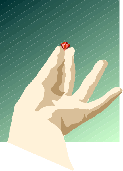 The image shows a hand holding up an object that resembles a red gemstone against a green background with abstract shapes in white lines on either side of it.