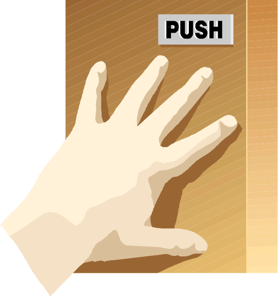 The image shows a hand pressing down on an elevator button labeled "push."