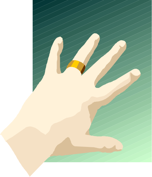 The image shows a hand with an orange ring on its finger against a green background.