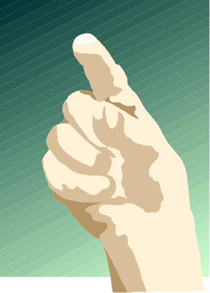 The image shows a hand pointing upwards with an index finger extended against a dark background that transitions from black to green at the bottom edge of the frame.