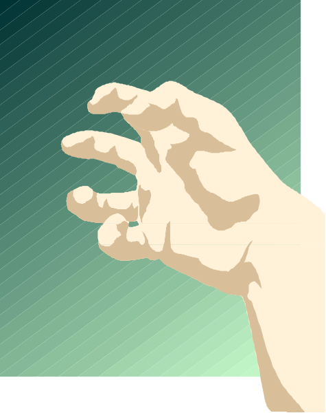 The image shows a hand with fingers spread out against an abstract background that has green tones at its bottom half transitioning to blue towards the top right corner of the frame.