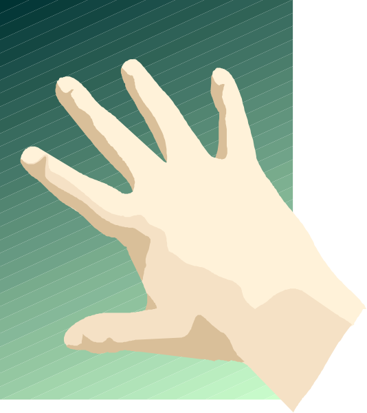 The image shows a hand with five fingers extended against a green background.
