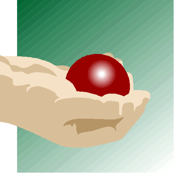 The image shows a hand holding an object that resembles a red ball with light reflecting off it placed on top of another similar-looking but smaller item in what appears to be someone's palm against a green background, suggesting this could represent a concept or symbol rather than depicting real objects.
