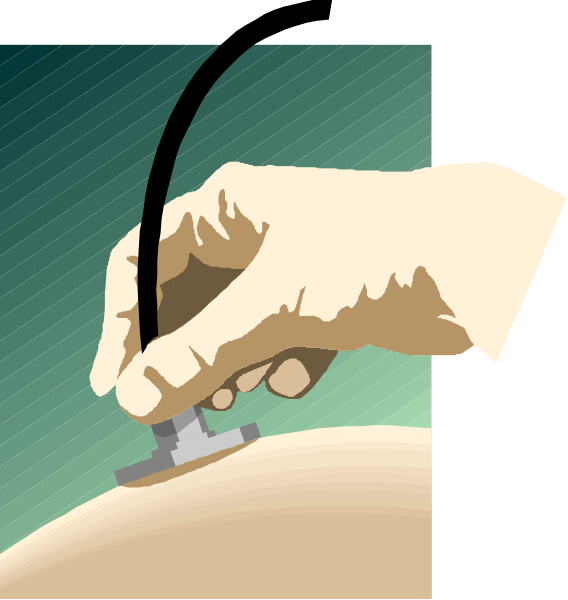 The image shows a split screen with two different scenes: on top, there is an illustration of someone holding what appears to be a small device over another person's head; below it, in contrasting black and white tones, we see that same individual using this tool or machine directly onto the other person's forehead.