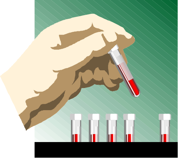 The image shows a hand holding an eyedropper filled with red liquid over several test tubes containing clear liquids on what appears to be a laboratory benchtop against a green background.
