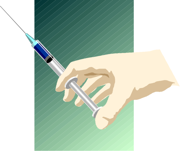 The image shows a hand holding an injection syringe with a needle pointing upwards against a dark background that has greenish hues at the bottom edge.