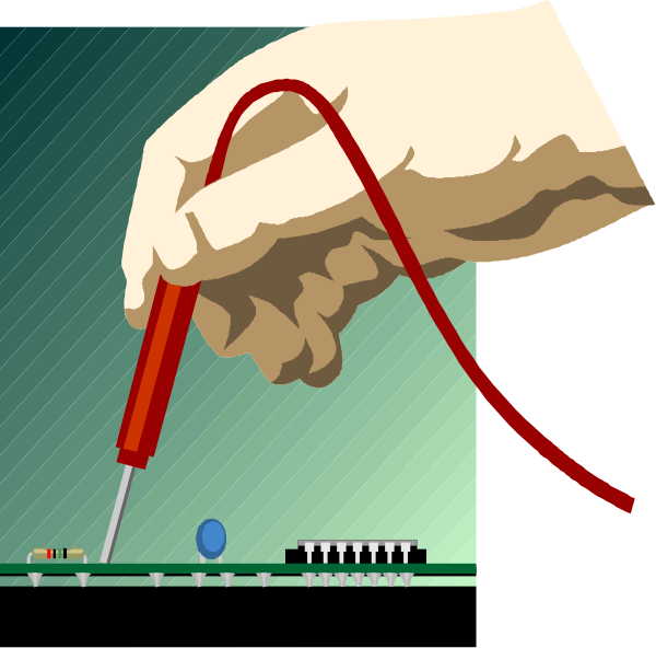 The image shows a hand holding an electronic device with red wires connected to it while another similar device is being prepared for connection in front of them on what appears to be a workbench.
