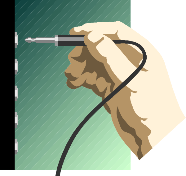 The illustration shows a hand holding an electronic device with wires connected to it while another wire is being inserted into its port by someone's fingers.