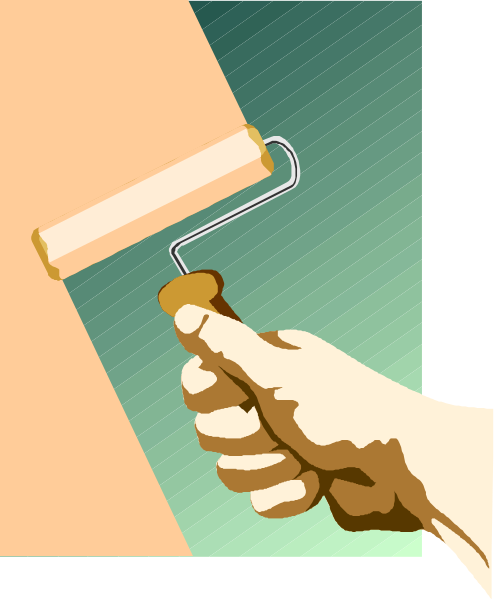 The image shows a hand holding an object that resembles a paint roller with tape on it against a wall under what appears to be sunlight streaming in from above through a window frame at the top of the picture, creating shadows and highlights across the scene; there is no text present within this small clip-art.