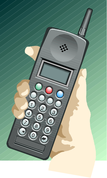 The image shows a hand holding an old black cell phone with buttons on it against a dark background; there is no text present in this clip-art illustration.