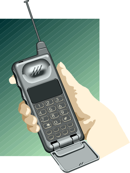 The image shows a hand holding an open flip phone with buttons visible on its screen; it is set against a dark background that appears to be digital in nature.