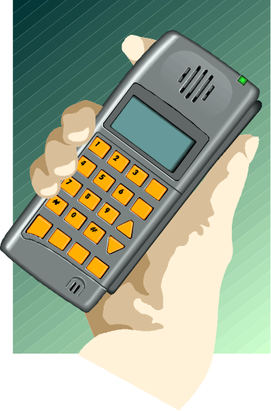 The image shows a hand holding an open flip phone with orange buttons on its screen against a blue background.