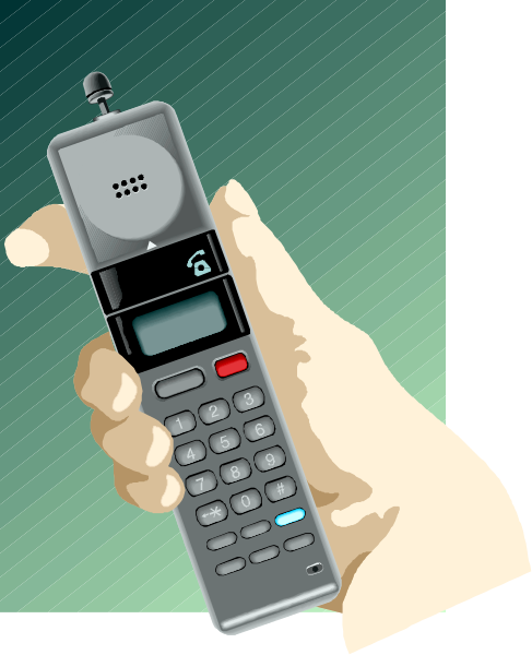 The illustration shows a hand holding an old flip phone with buttons visible on its screen; it is set against a dark background that has blue tones at the bottom edge.