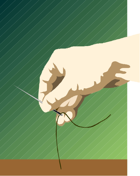 The image shows a hand holding thread with an unraveled end near some scissors that have been used to cut it; there is no person visible in this clip-art illustration of sewing activity, set against a green background and framed by two brown borders on either side.