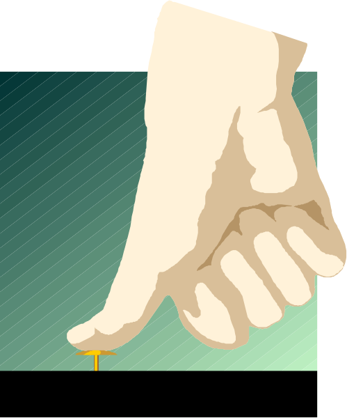 The image shows a hand pointing at something with an arrow on it against a blue background.