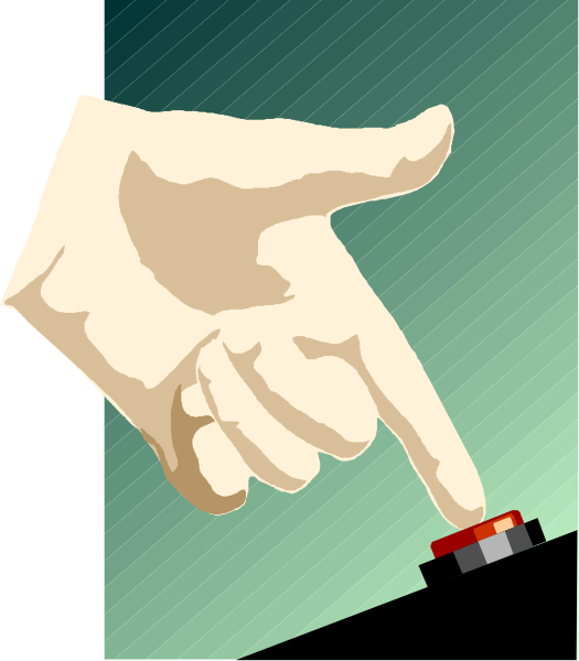 The image shows a hand pointing at an object with red light on it against a dark background; there is no text present in this clip-art illustration.