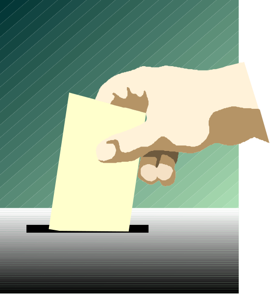 The illustration shows a hand holding an electronic voting device with a paper ballot inserted into it next to a polling station sign that reads "VOTE".