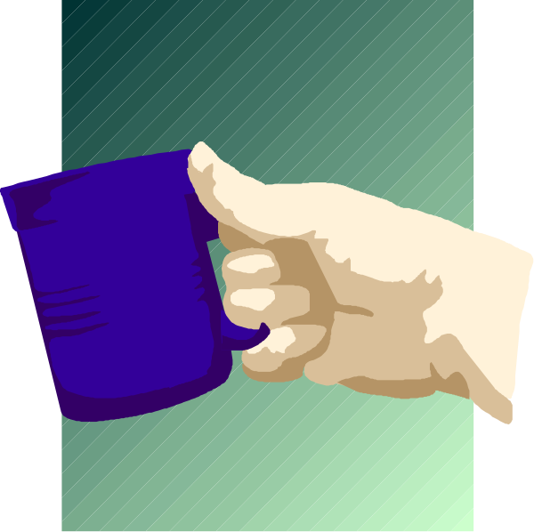 The image shows a hand holding two coffee cups with fingers pointing upwards towards them from below; it is set against an abstract background that appears to be blue-green in color.