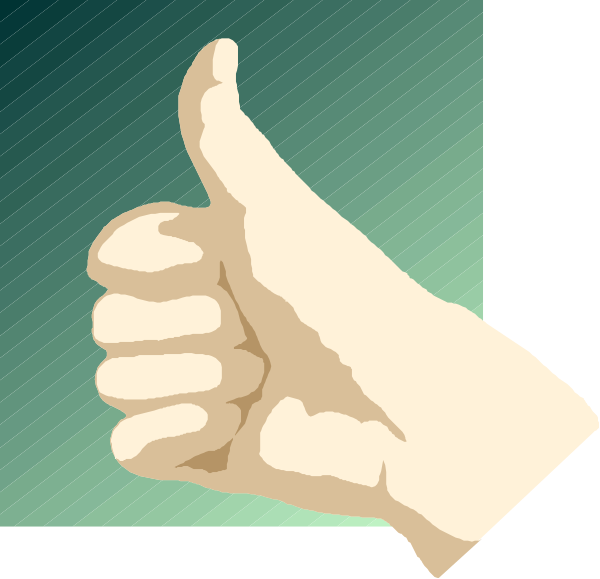 The image shows a stylized thumb up gesture with two fingers extended above it against a green background.