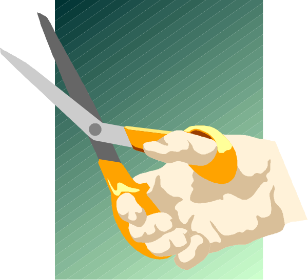 The image shows a pair of scissors with orange handles cutting through paper that has been folded over to create an illusion of depth; there is no text present in this clip-art illustration.